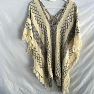 Free People cream and blue/gray poncho